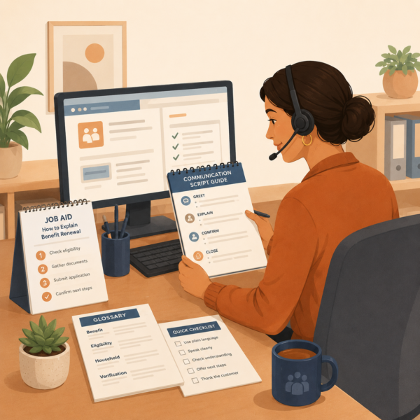 Public benefits staff member using a communication script guide and job aid during resident support