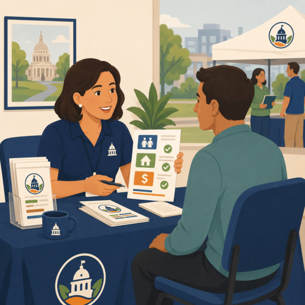 Taxpayer receiving help from a community outreach staff member with tax guidance and printed resources.