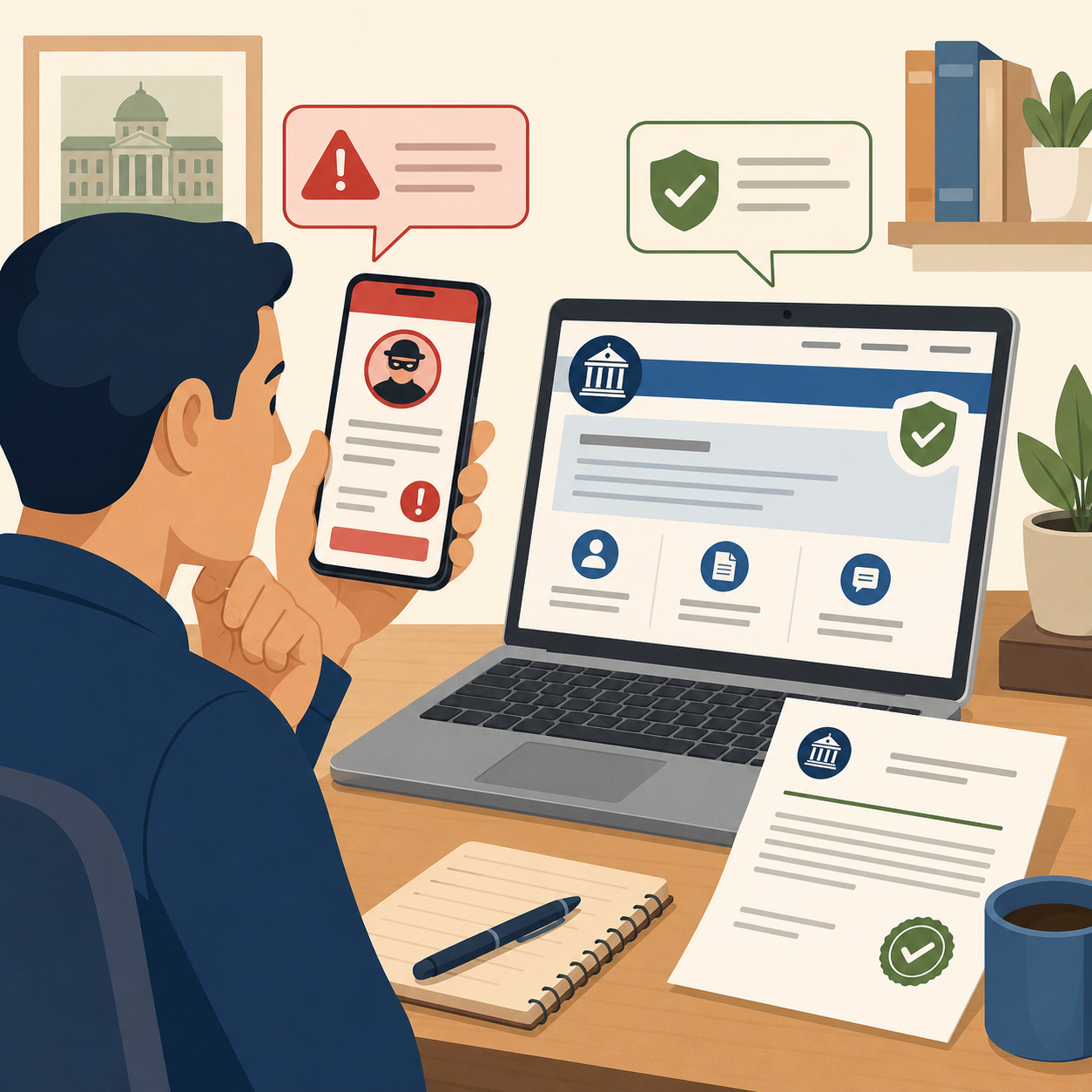 Taxpayer comparing a suspicious tax message with an official revenue agency communication