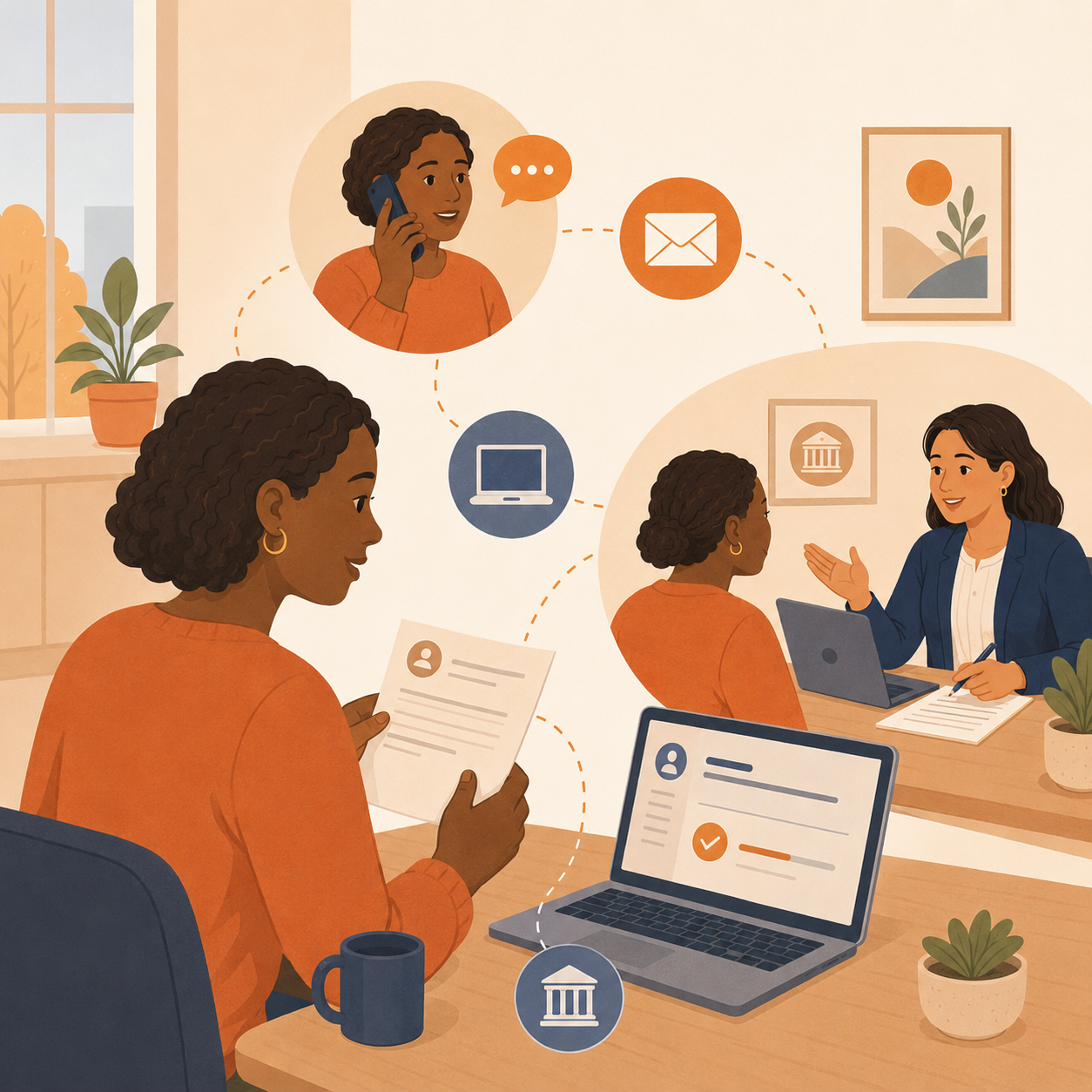 Public benefits status updates shown across mailed notice, online portal, phone support, and in-person service