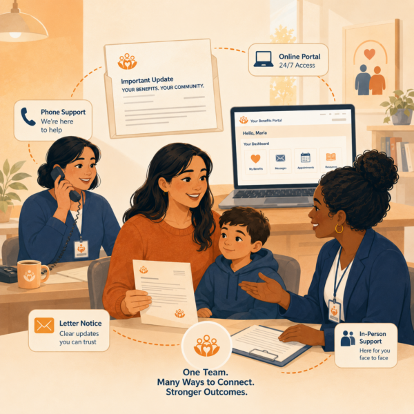 Human services communication shown consistently across notices, online portal, phone support, and in-person help