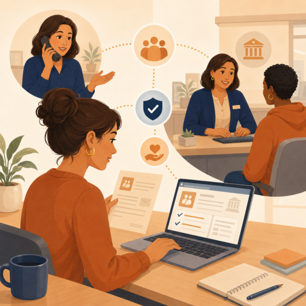Public benefits communication shown consistently across notices, phone support, online portal, and in-person service