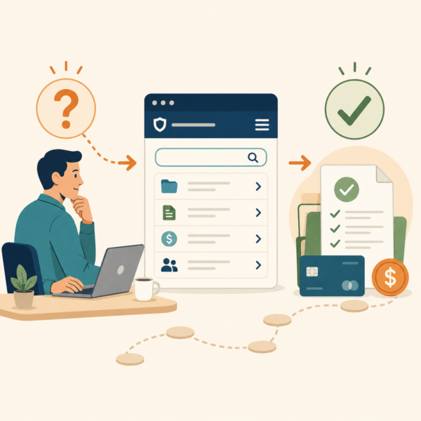 Digital tax service pathway showing a taxpayer moving from question to correct online task
