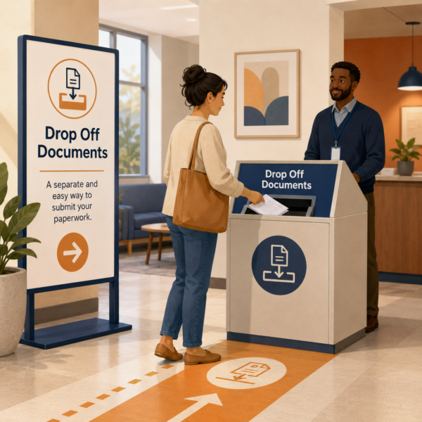 Resident using a clearly marked document drop-off station in a public benefits office lobby