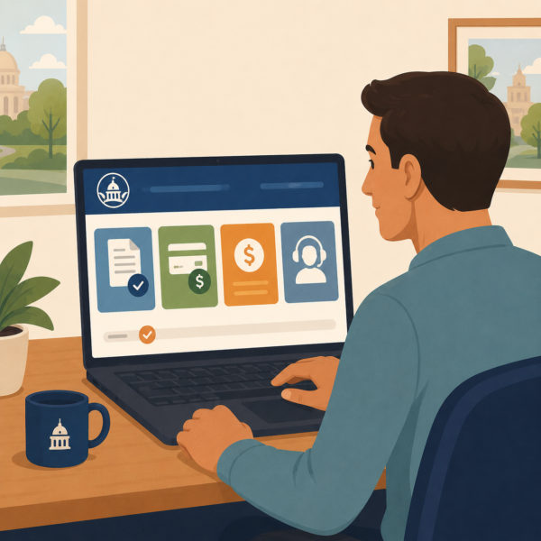 Taxpayer using a simple online tax portal to review documents, payments, and support options.