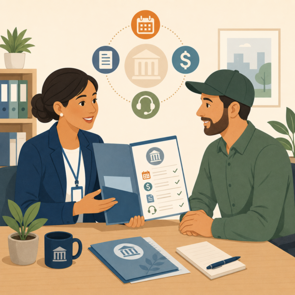 Agency staff helping a new business owner understand first-time tax responsibilities