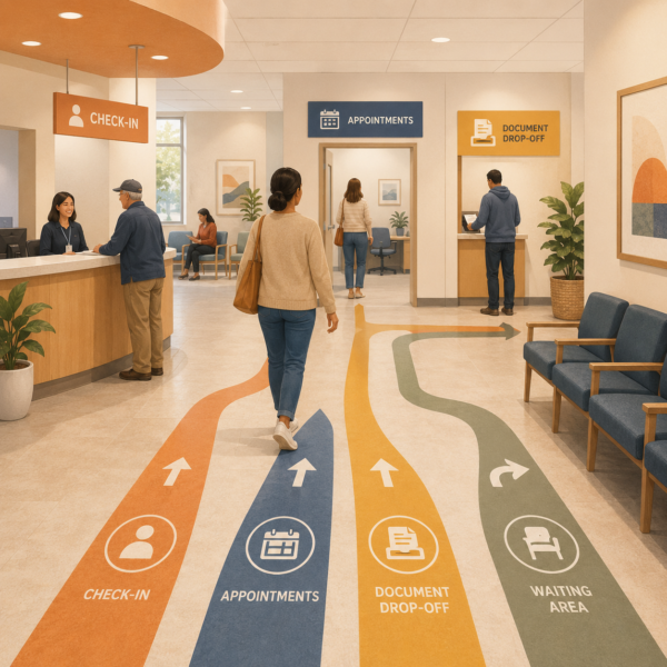 Resident entering a human services lobby with a visible Start Here sign and front desk check-in guidance