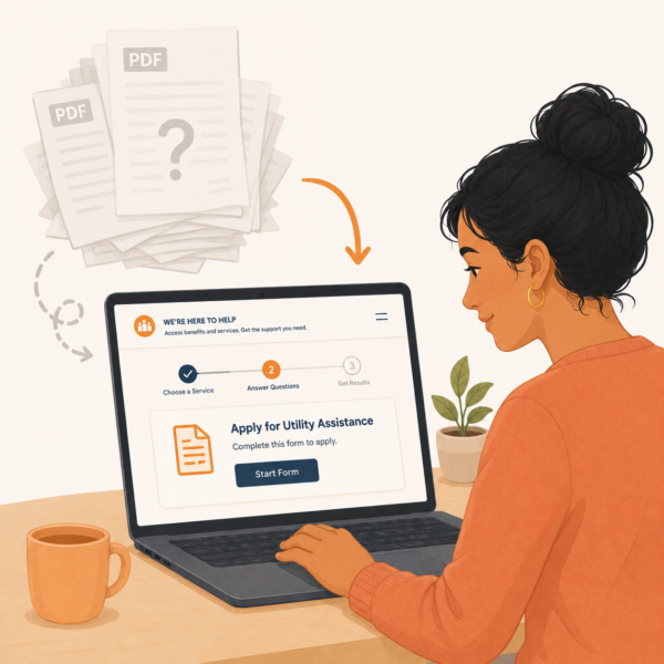 Resident using a mobile public benefits website with clear task-based options for renewing and uploading documents