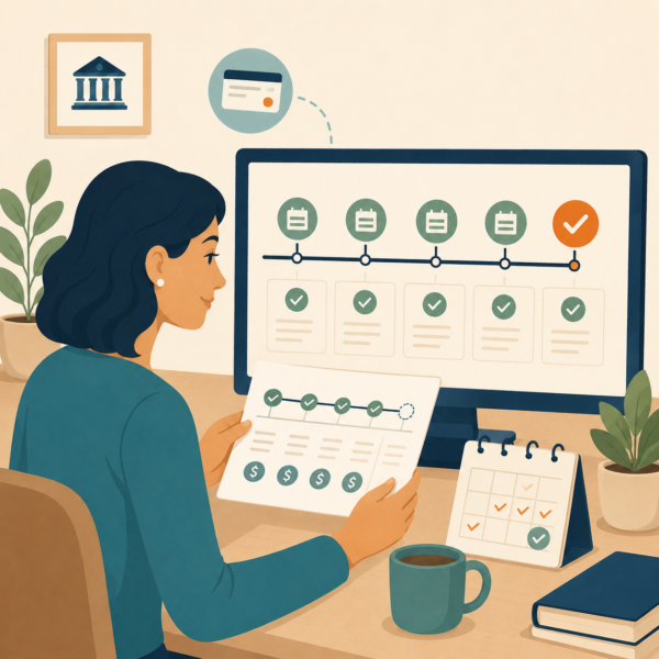 Simple monthly tax payment plan timeline with calendar, payment, and confirmation icons.