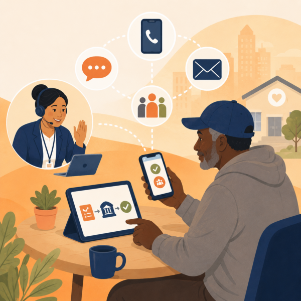 Resident using phone, tablet, and support channels to receive public benefits communication and next-step guidance.