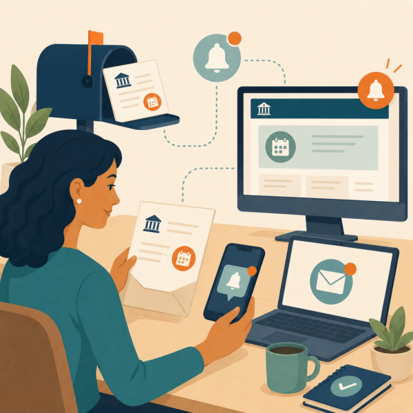 Tax deadline reminders shown across email, phone, website, and mailed notice channels