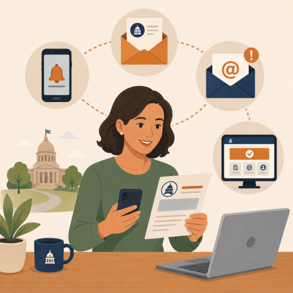 Taxpayer reviewing tax communication across mail, text, email, and online portal channels.