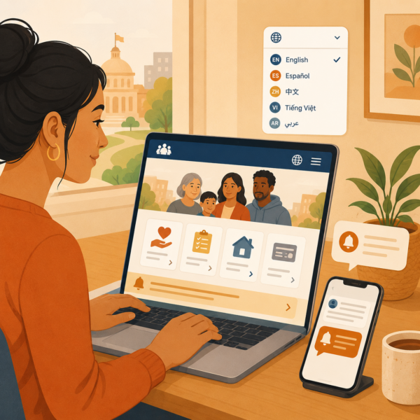 Resident using multilingual public benefits website tools and text alerts