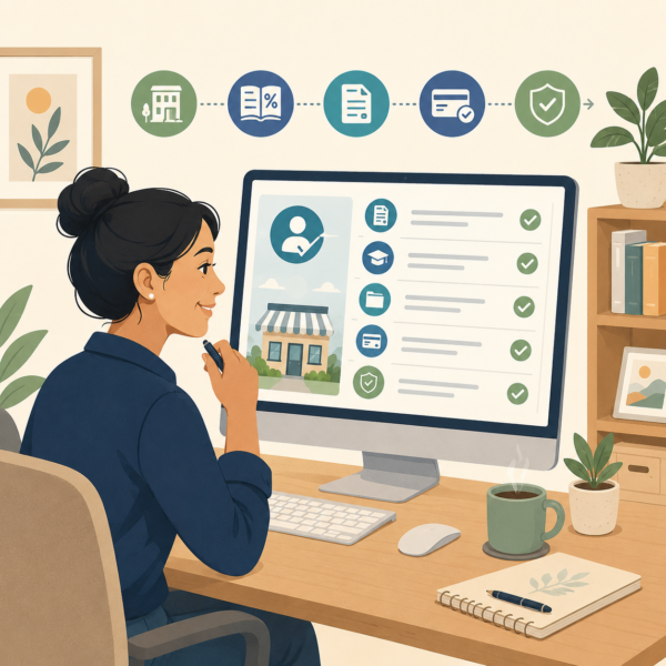 New business taxpayer reviewing online onboarding steps for registration, filing, and payment