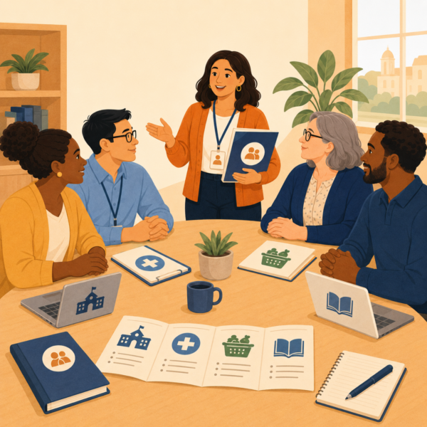 School, clinic, food bank, and library representatives receiving practical public benefits toolkit guidance.