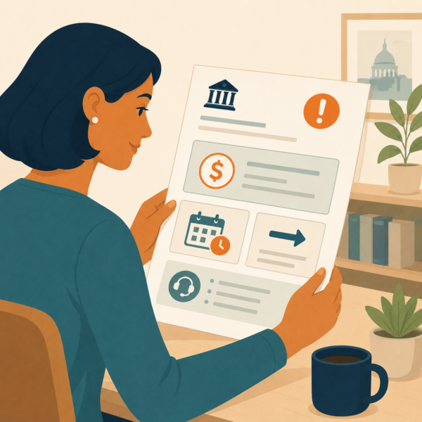 Plain-language tax notice with clear sections, action steps, and simple civic icons.