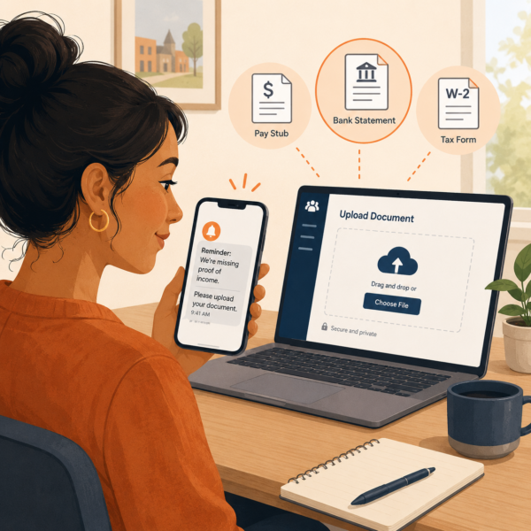 Resident receiving a document reminder and uploading required proof through a secure public benefits portal