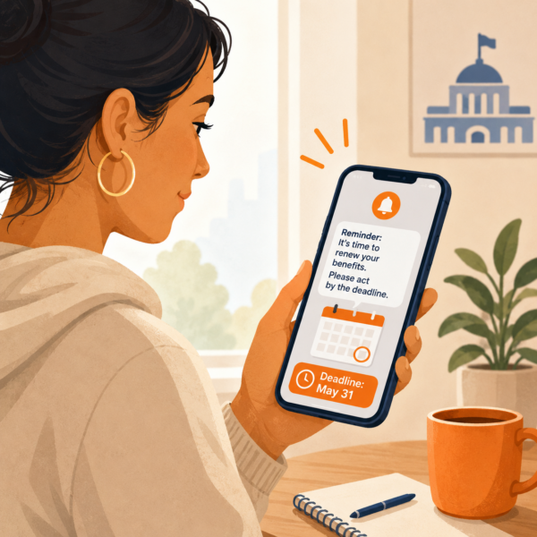 Resident reading a public benefits renewal text alert with a clear deadline reminder