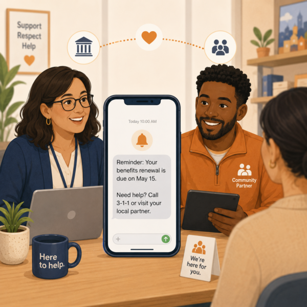 Agency staff and community partner helping a resident understand a benefits renewal text reminder