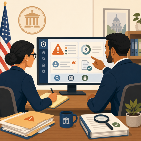 Revenue agency staff reviewing refund fraud prevention alerts and identity verification steps