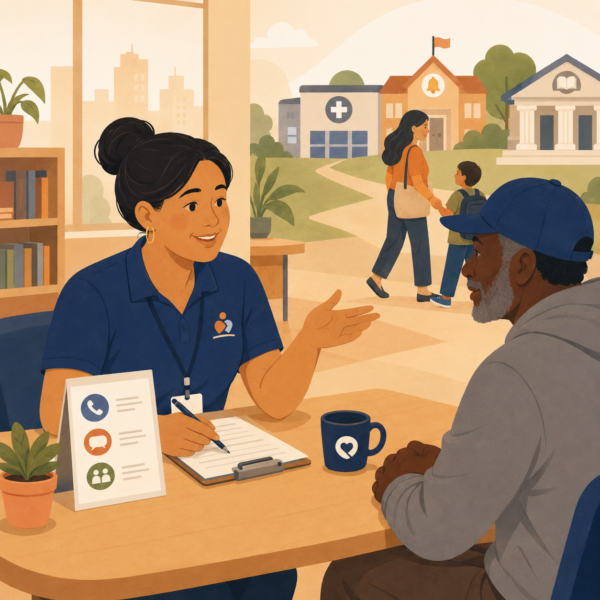Human services staff member helping a resident connect with support through schools, clinics, libraries, and community locations.