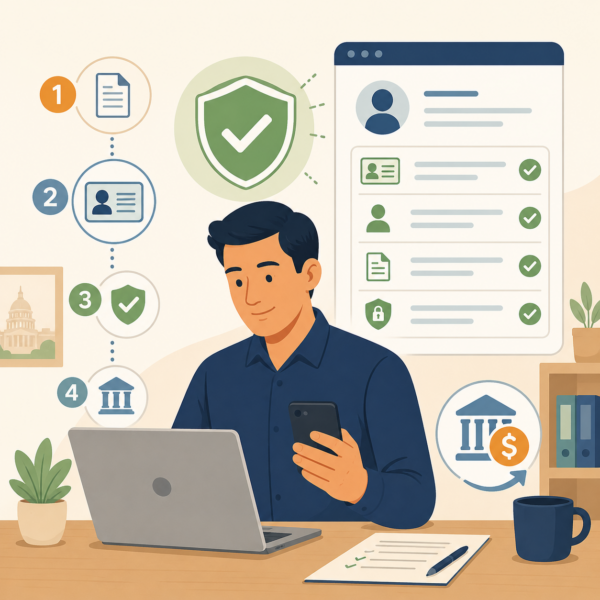 Secure identity verification process shown with checklist, shield, and taxpayer account icons