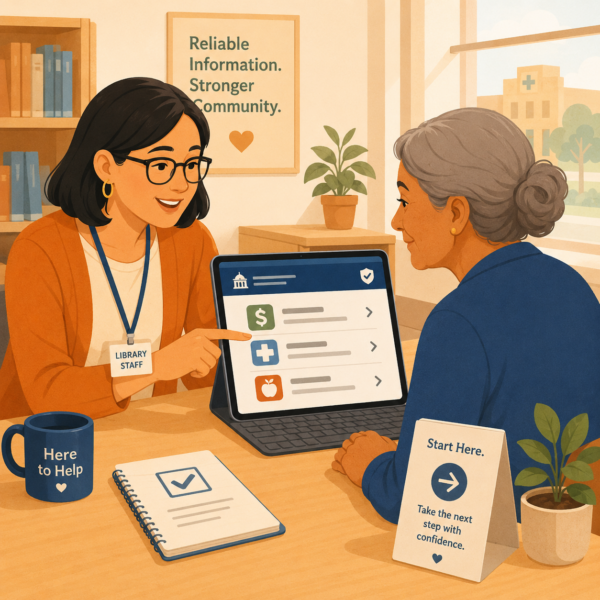 Library staff member helping a resident find official public benefits information using source-of-truth guidance.