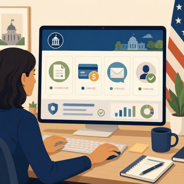 Tax portal interface organized around taxpayer tasks such as file, pay, message, and check status