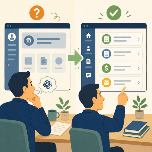 Taxpayer comparing a vague tax portal label with clear online service task options