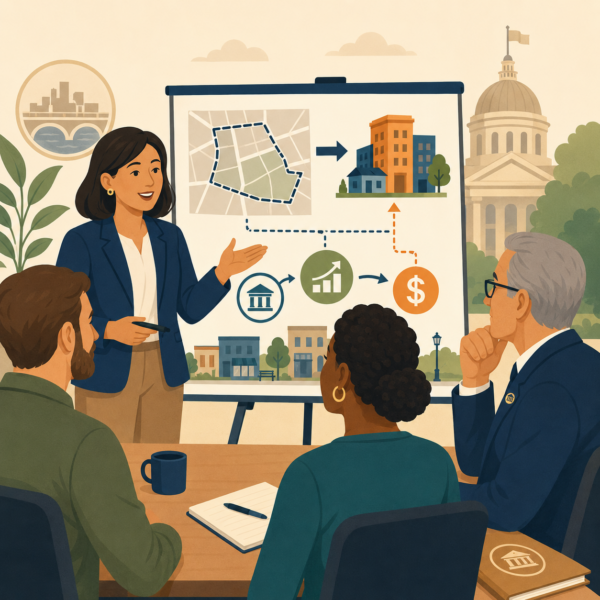 Economic development staff explaining tax increment financing with charts and public audience visuals in a civic presentation setting