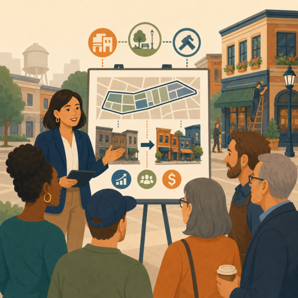 Public meeting scene showing an economic development presenter using a board to explain how a financing tool works for businesses and residents