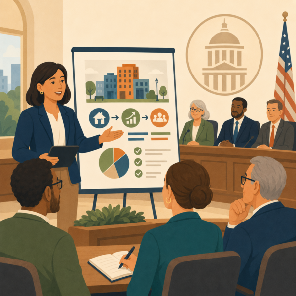 Community-facing economic development presentation with financing icons and plain-language visuals about public investment and development.
