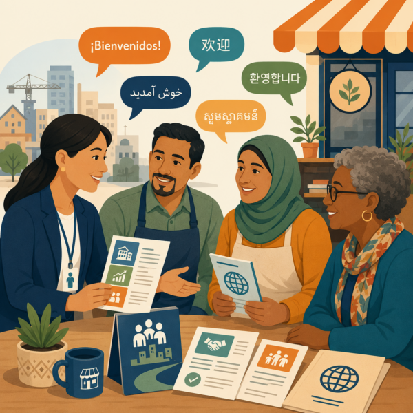 Economic development professionals engaging immigrant and ethnic business communities through inclusive communication strategies