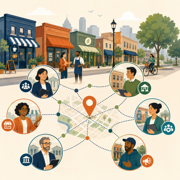 City economic development staff mapping stakeholders along commercial corridors to support small business outreach