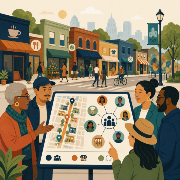 Economic development professionals reviewing communication data to identify underserved business communities