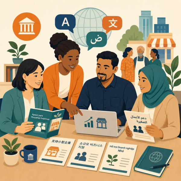 Business owner receiving translated economic development information and language assistance