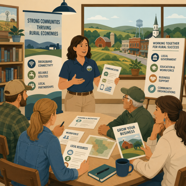 Local economic development agency meeting with rural business owners through trusted community organizations