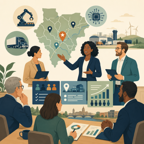 Economic development agency meeting with small business owners in neighborhood commercial districts