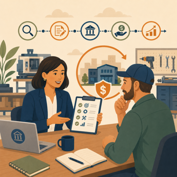Business outreach scene showing a presenter discussing loan fund details, timelines, and application steps with an entrepreneur