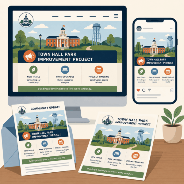 Local government staff coordinating website, email, social media, and print communications to deliver consistent public information