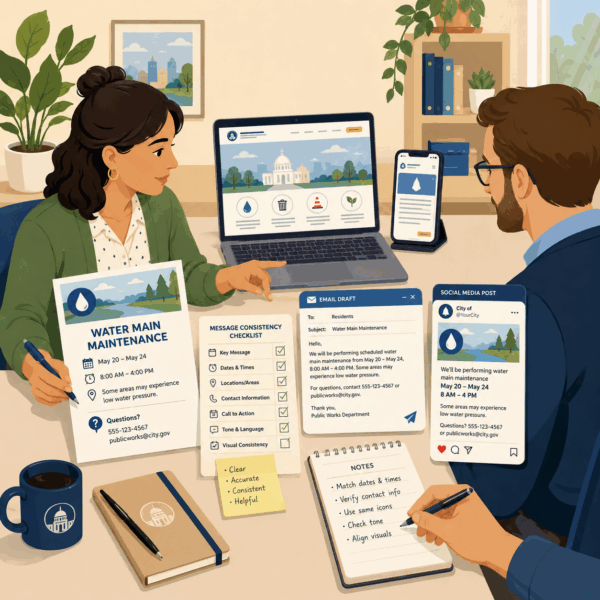 Local government communication team managing updates across digital and printed channels to keep residents informed with consistent messaging