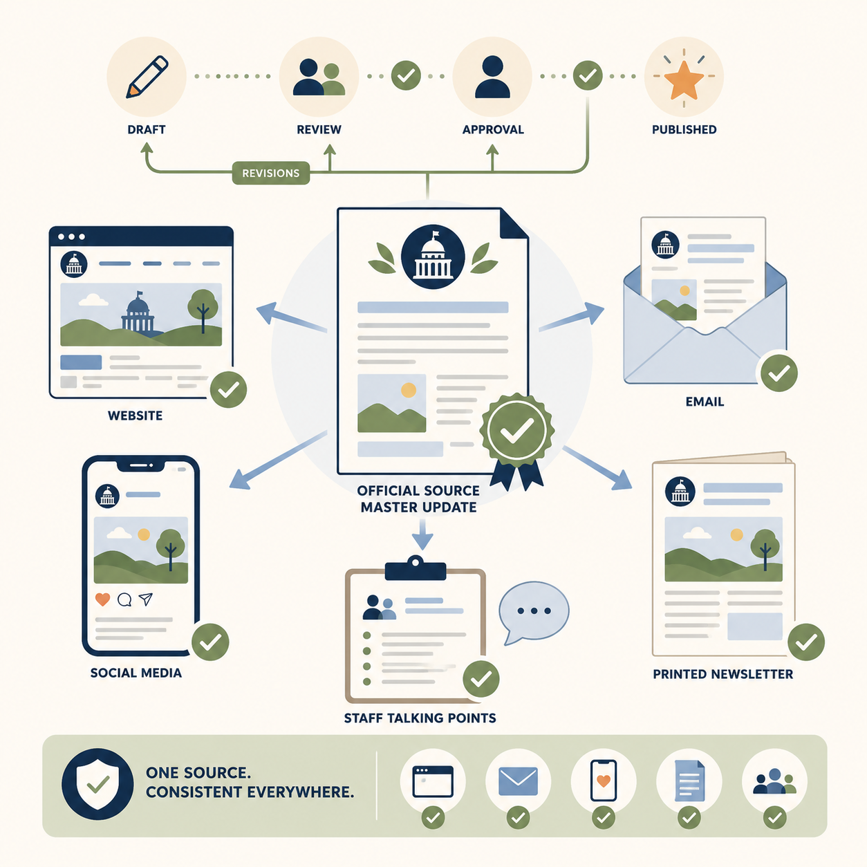Small local government using a coordinated communication strategy to maintain consistent information across websites, emails, social media, and printed materials