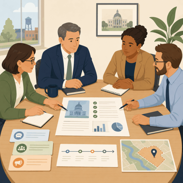 Local government staff preparing a plain-language preview that explains upcoming public meeting topics for residents