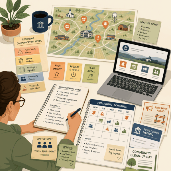 Residents reviewing plain-language information about local government outsourcing, shared services, and changes to public programs
