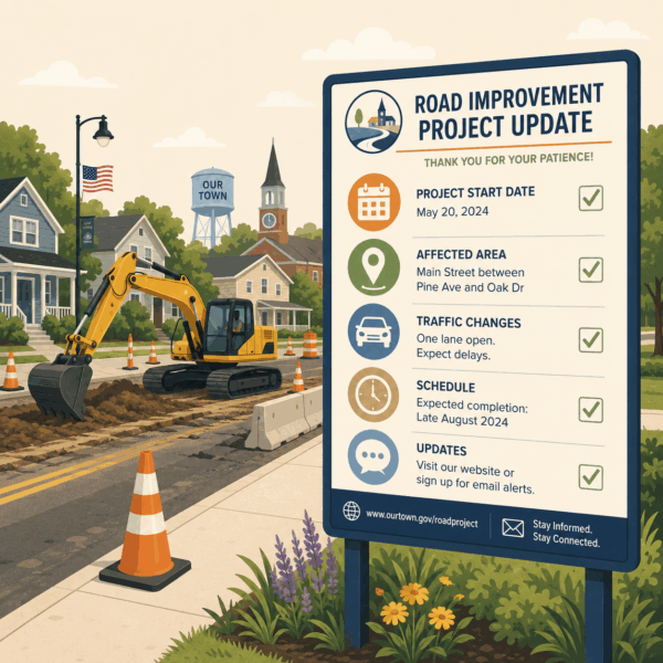 Local government officials informing residents about an upcoming road closure using signs, maps, and digital communication