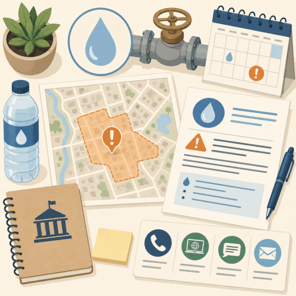 Residents reviewing a local government utility disruption notice showing affected areas, estimated restoration times, and service updates