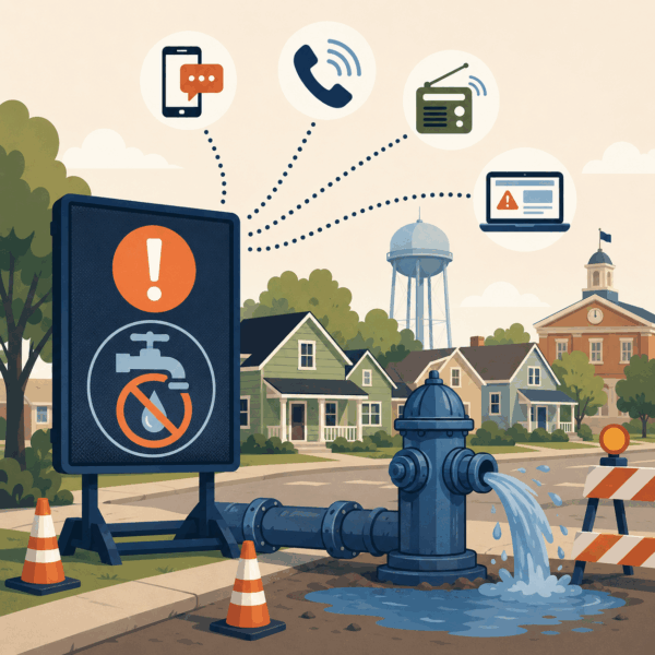 Local government issuing a public notification about a water outage with restoration updates and safety information for residents