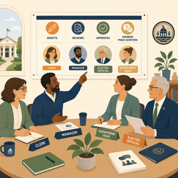 Local government employees assigning communication roles during a planning meeting to ensure consistent public messaging