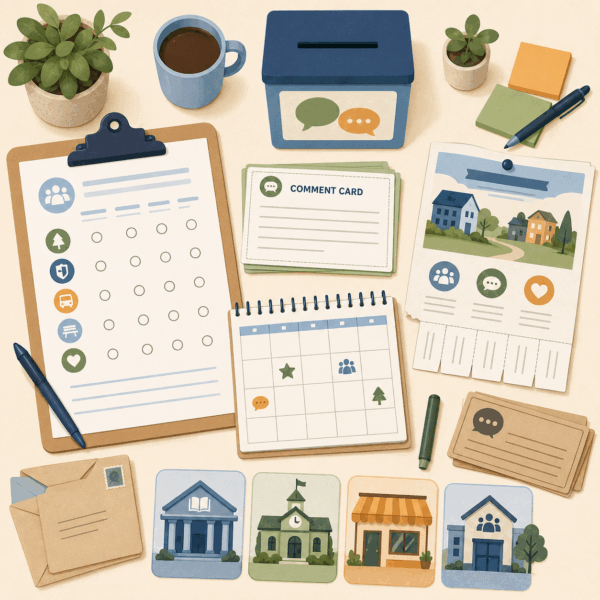Survey research materials with a questionnaire, comment cards and community feedback tools