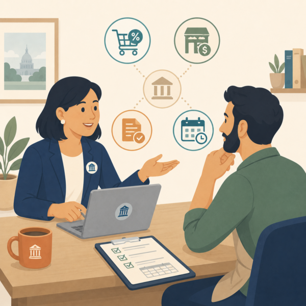 Staff explaining business tax categories with simple icons for sales, permits, filings, and due dates